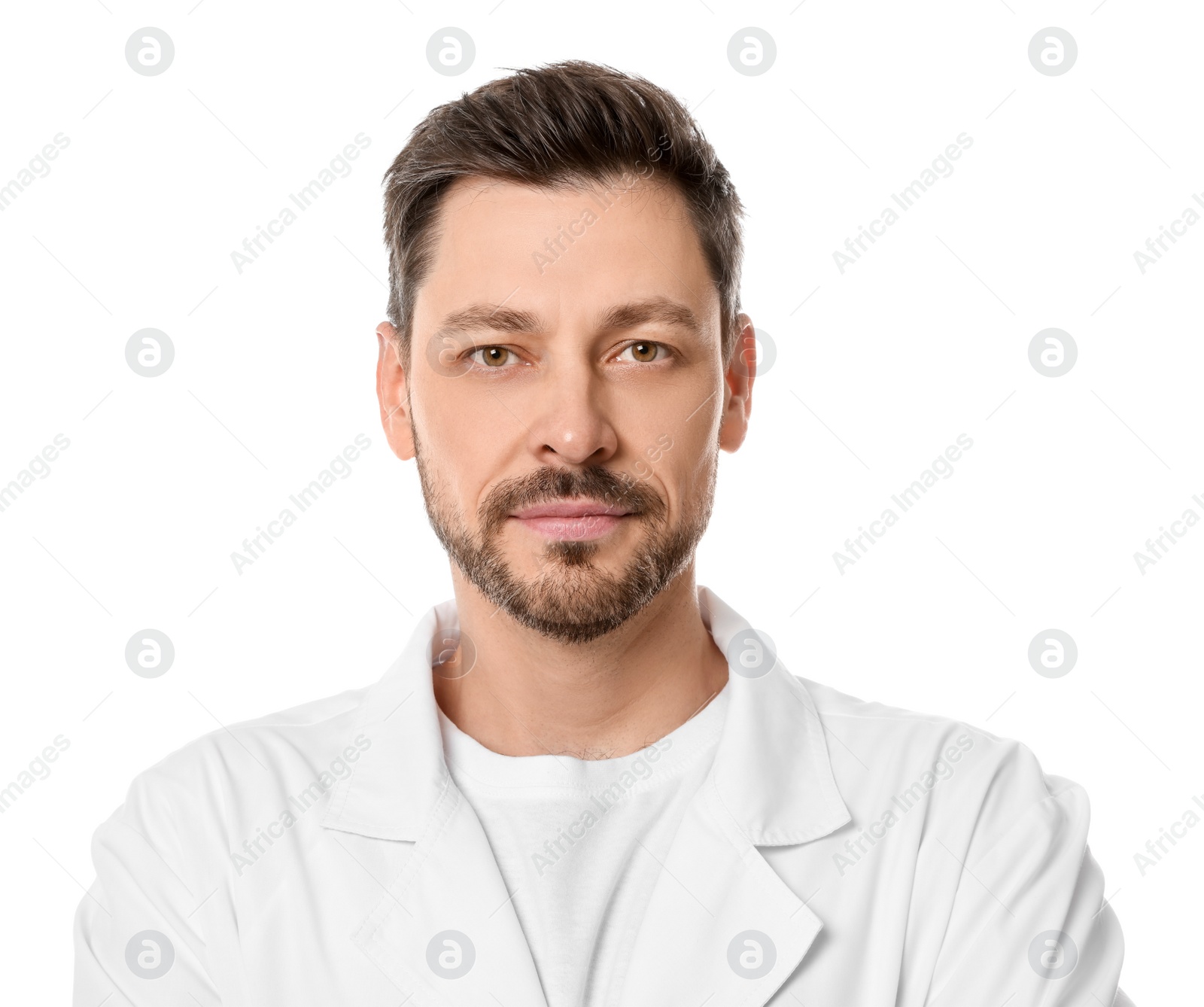 Photo of Doctor or medical assistant (male nurse) in uniform on white background