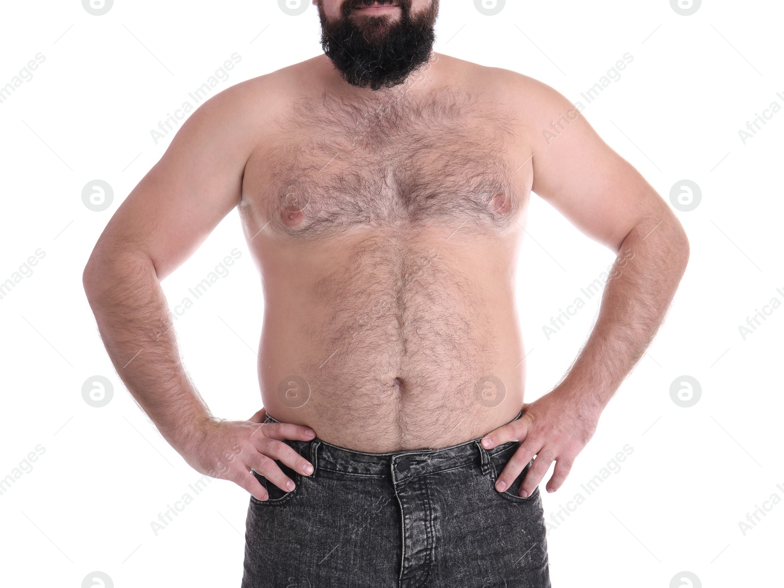 Photo of Fat man on white background, closeup. Weight loss