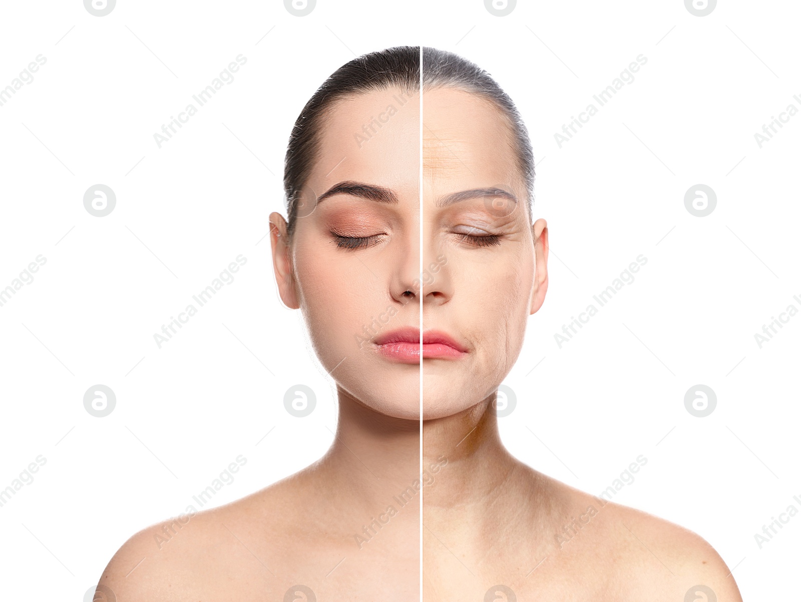 Image of Changes in appearance during aging. Portrait of woman divided in half to show her in younger and older ages. Collage design on white background