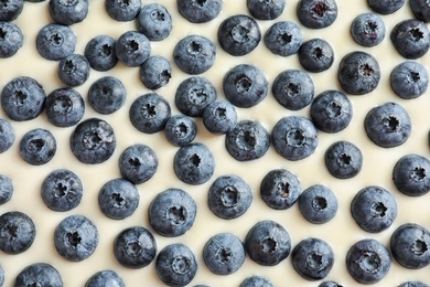 Tasty blueberry cake as background, closeup view