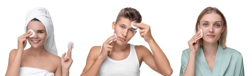 People with cotton pads on white background, set of photos