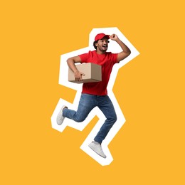 Surprised courier with parcel jumping on orange background