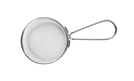 Photo of New clean strainer isolated on white, top view. Cooking utensil
