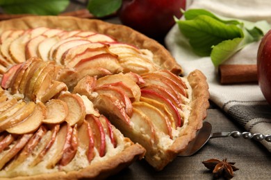 Delicious apple pie on wooden table, closeup