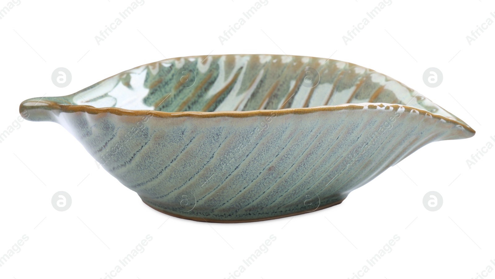 Photo of Beautiful green leaf shaped ceramic bowl on white background