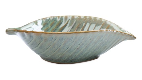 Photo of Beautiful green leaf shaped ceramic bowl on white background