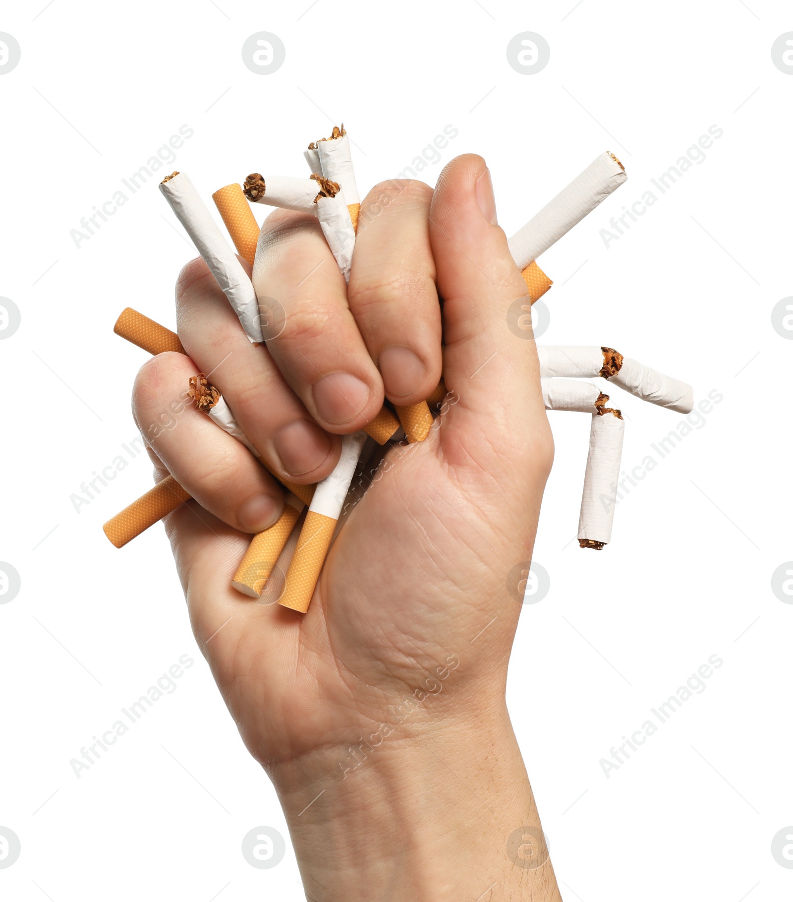 Photo of Stop smoking. Man holding broken cigarettes on white background, closeup