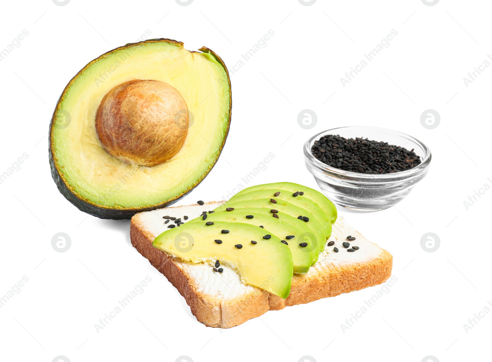 Photo of Delicious toast with cream cheese, avocado and black sesame seeds isolated on white