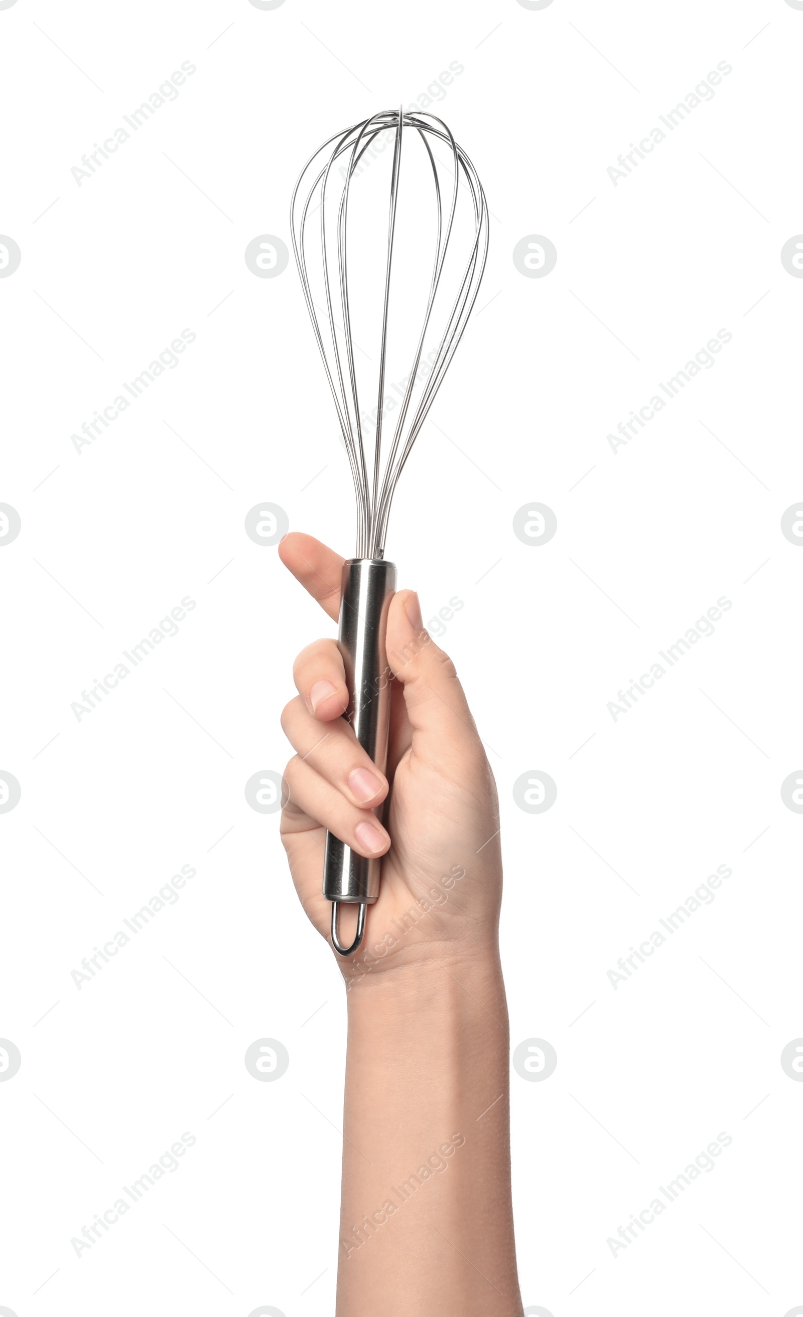 Photo of Woman holding balloon whisk on white background. Kitchen utensils