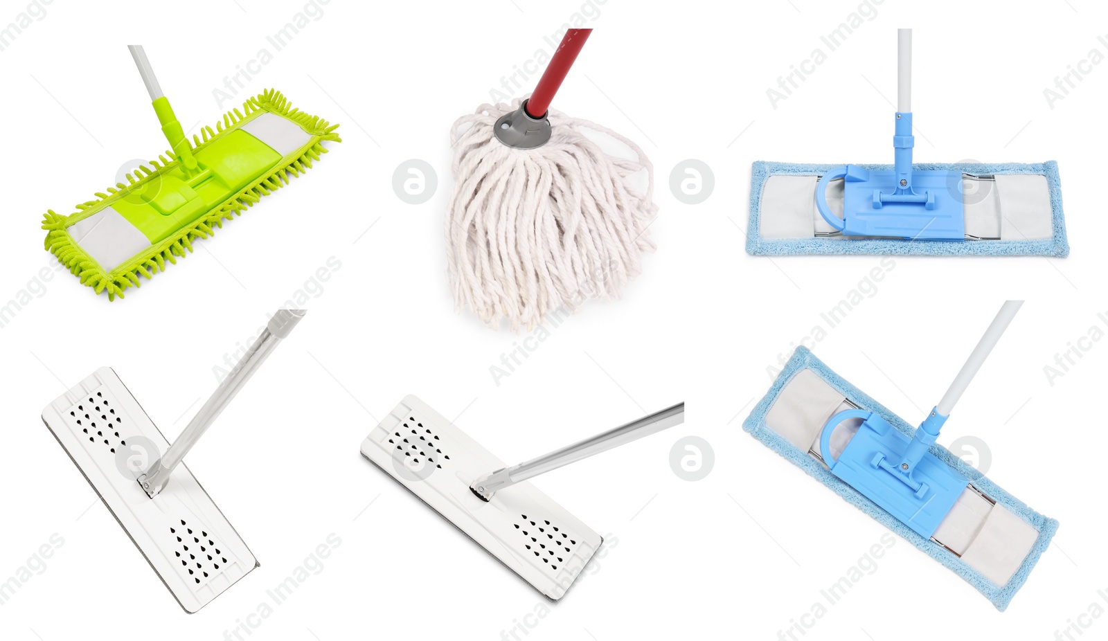 Image of Set of different mops on white background