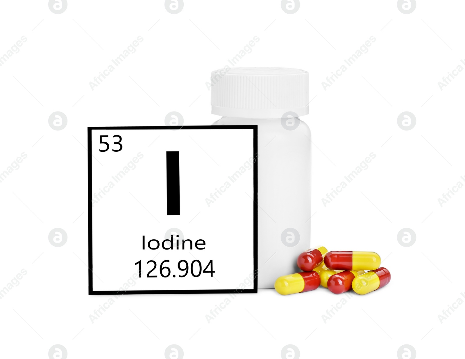 Photo of Card with iodine element, jar and pills isolated on white