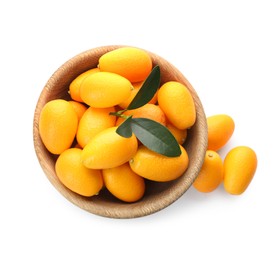 Fresh ripe kumquats in bowl on white background, top view