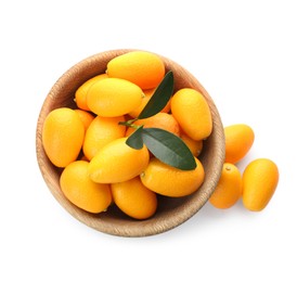 Photo of Fresh ripe kumquats in bowl on white background, top view