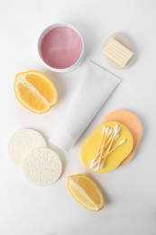 Lemon face wash. Fresh citrus fruits and personal care products on white background, flat lay