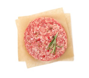 Photo of Raw hamburger patty with rosemary and spices on white background, top view