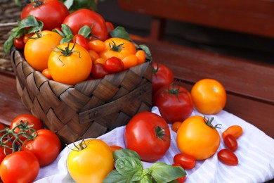 Photo of Different sorts of tomatoes on wooden bench