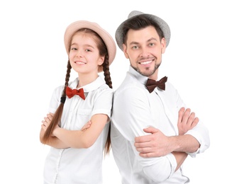 Photo of Dad and his daughter on white background. Father's day celebration