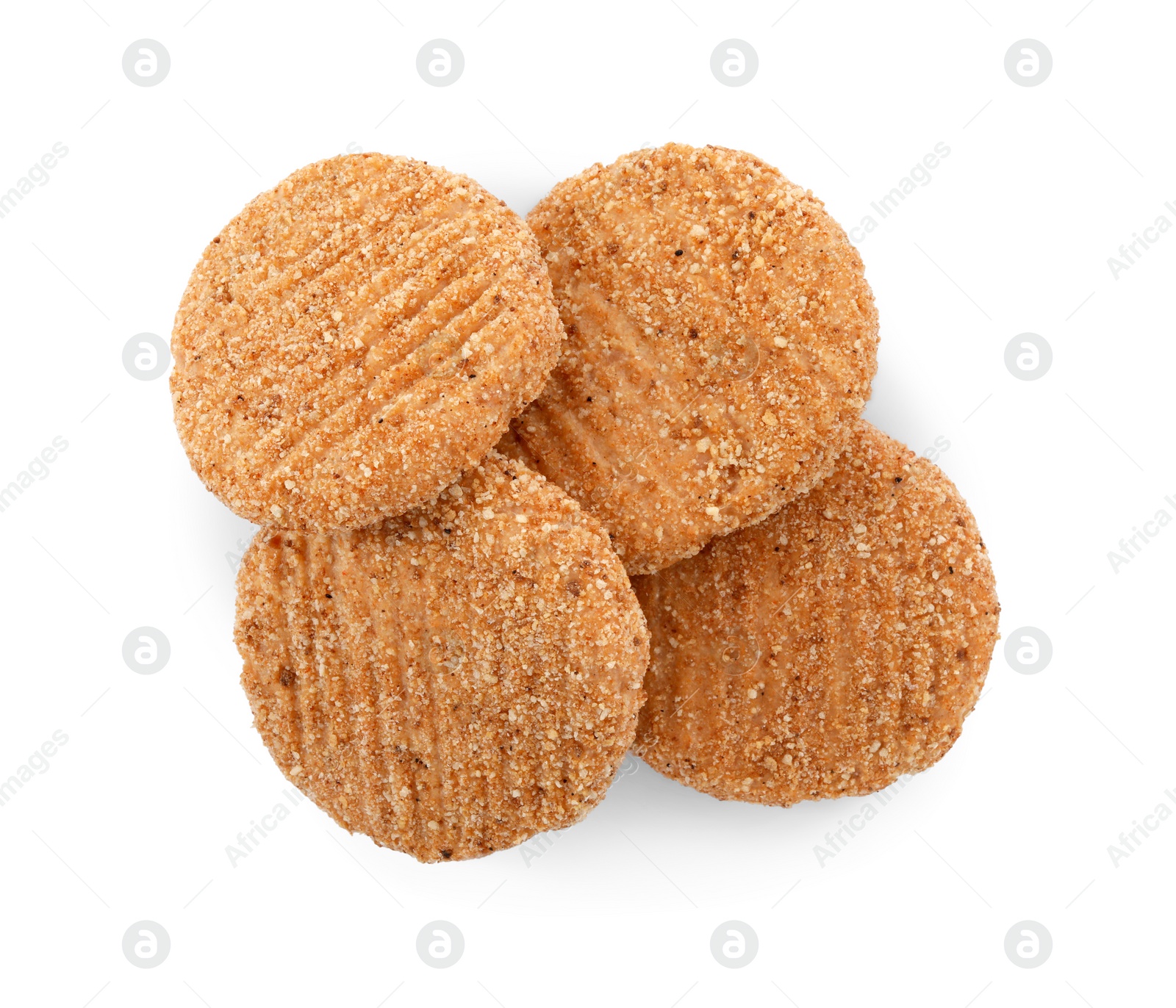 Photo of Vegan cutlets with breadcrumbs isolated on white, top view