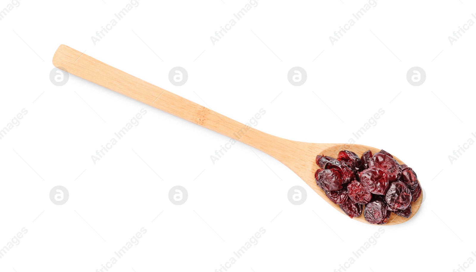 Photo of Spoon with dried cranberries isolated on white, top view