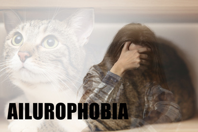Image of Woman suffering from ailurophobia. Irrational fear of cats