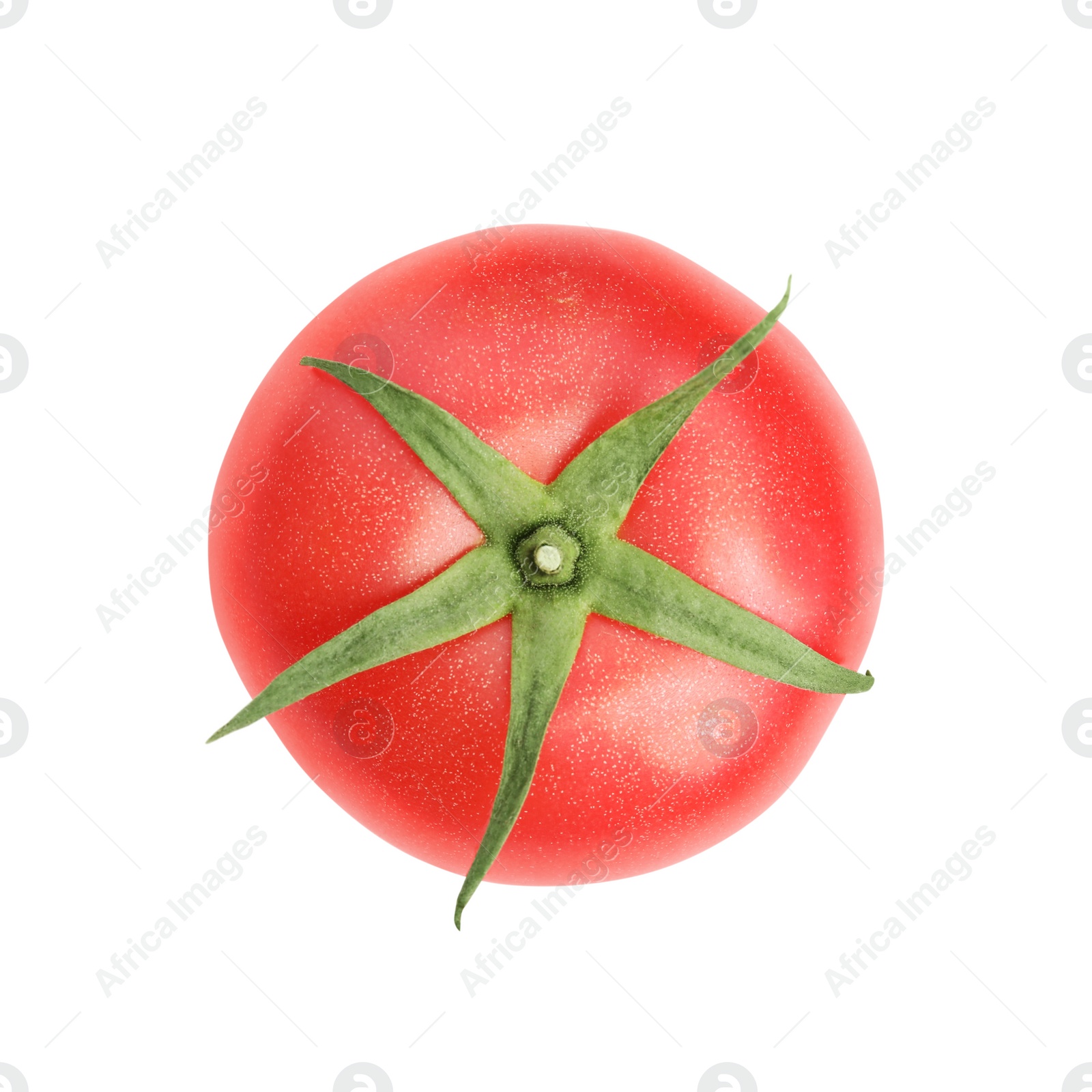 Photo of Whole ripe red tomato isolated on white, top view