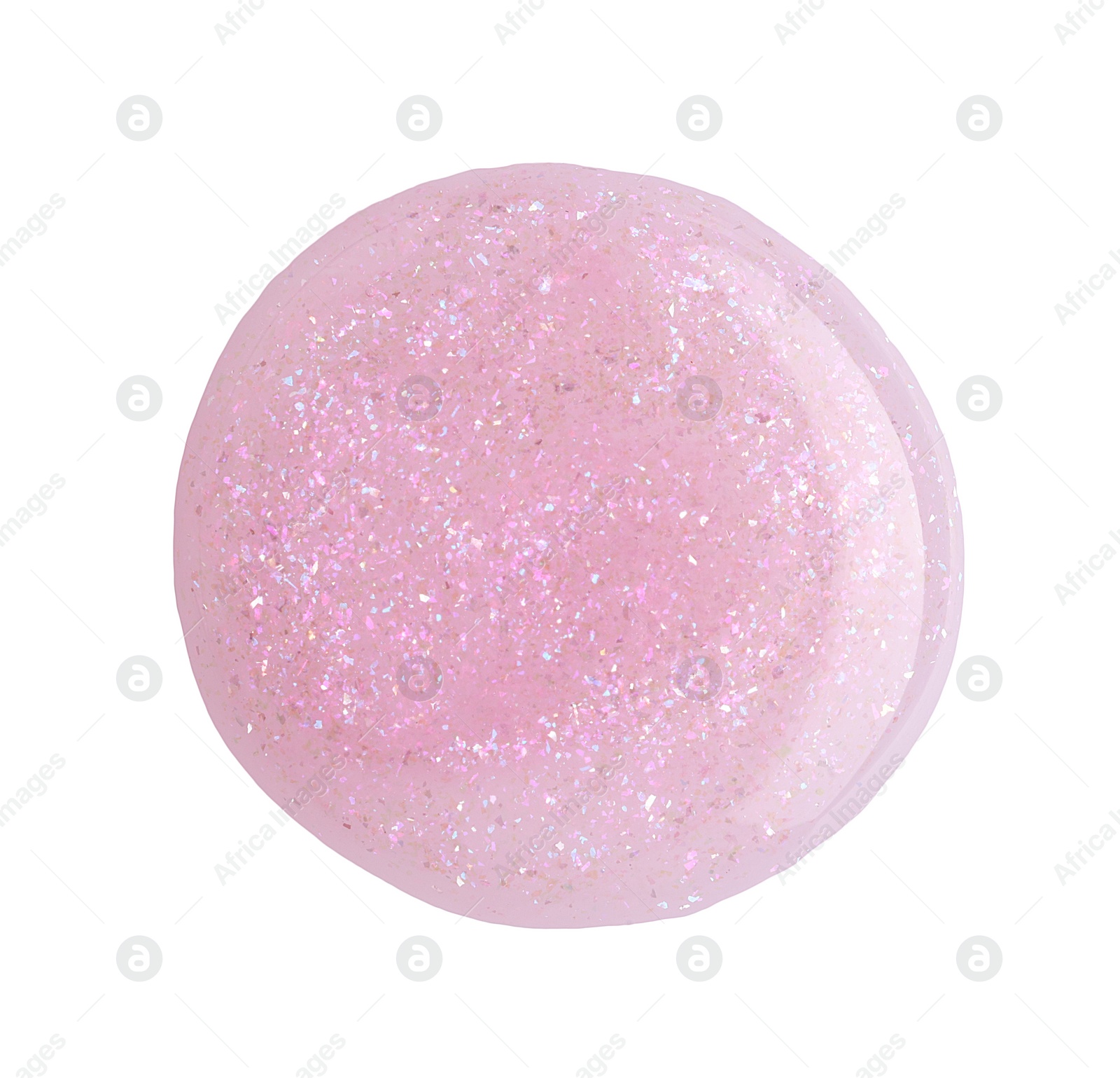 Photo of Sample of nail polish with glitter isolated on white, top view