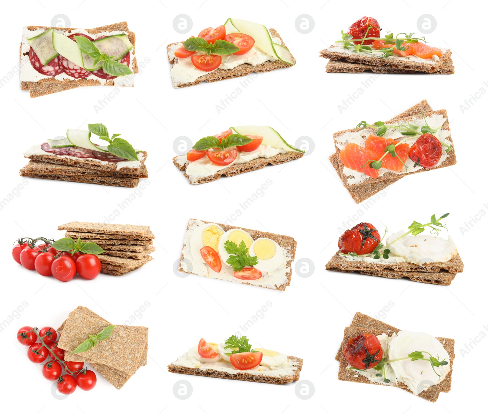 Image of Fresh rye crispbreads with different toppings on white background, collage