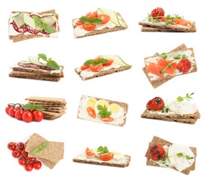 Fresh rye crispbreads with different toppings on white background, collage