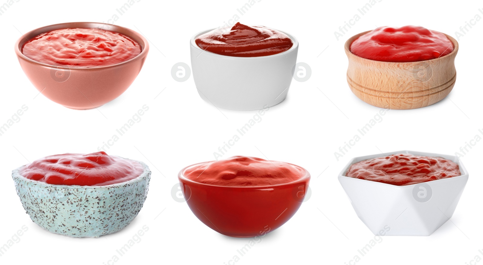 Image of Set of tomato sauces in bowls on white background