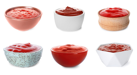 Image of Set of tomato sauces in bowls on white background