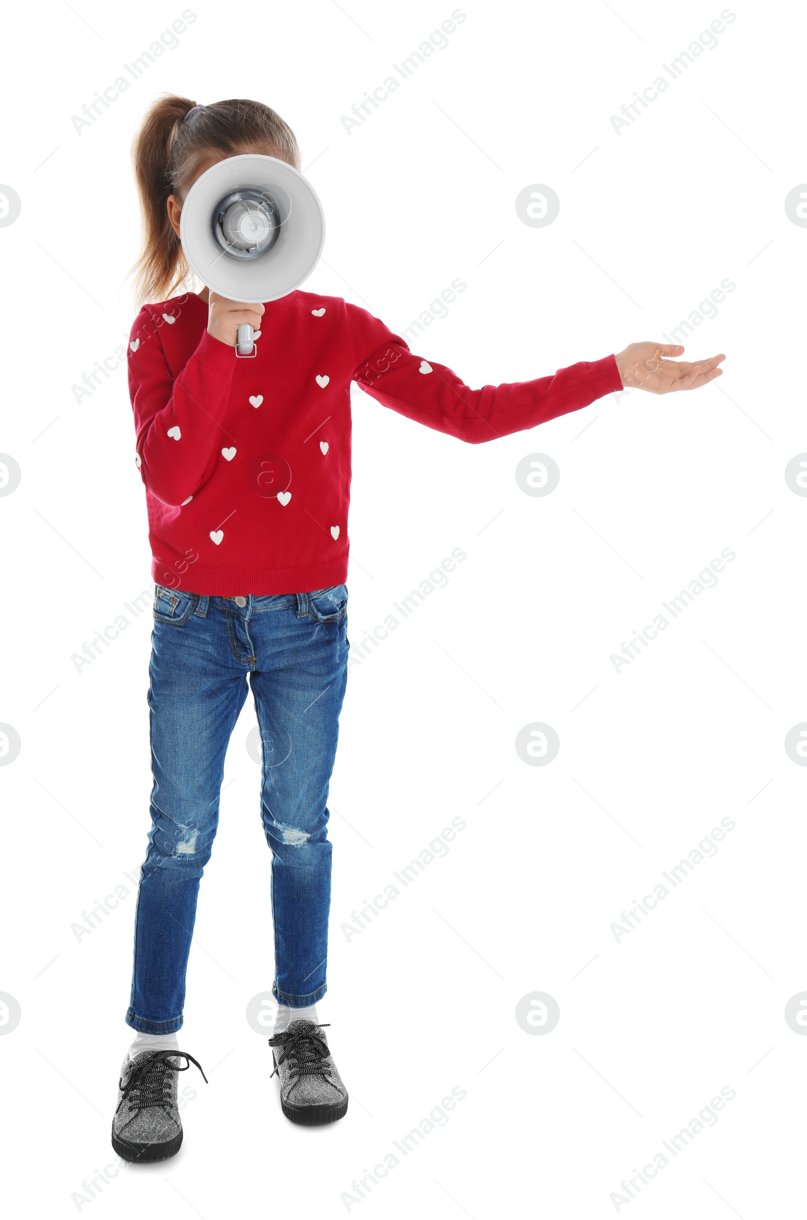 Photo of Cute funny girl with megaphone on white background