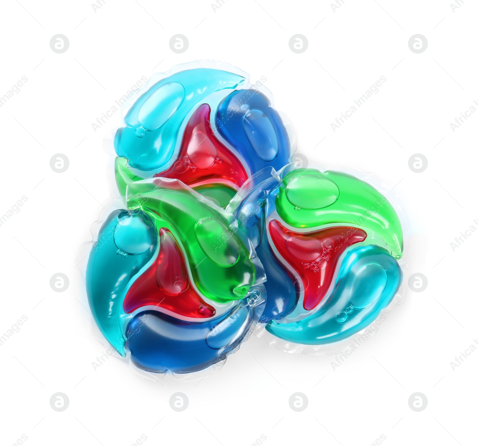 Photo of Laundry capsules on white background, top view