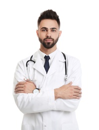 Young male doctor in uniform isolated on white