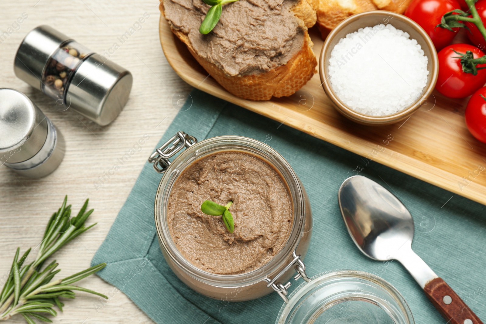 Photo of Flat lay composition with delicious liver pate on white wooden table