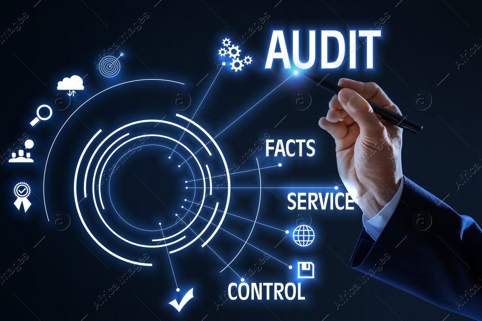 Image of Audit concept. Closeup view of man and different icons on virtual screen