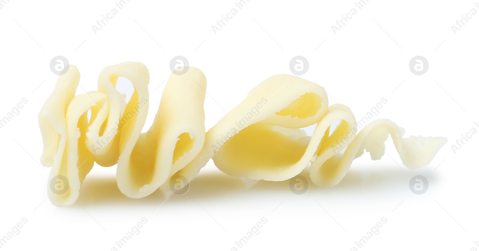 Photo of Yummy chocolate curl for decor on white background