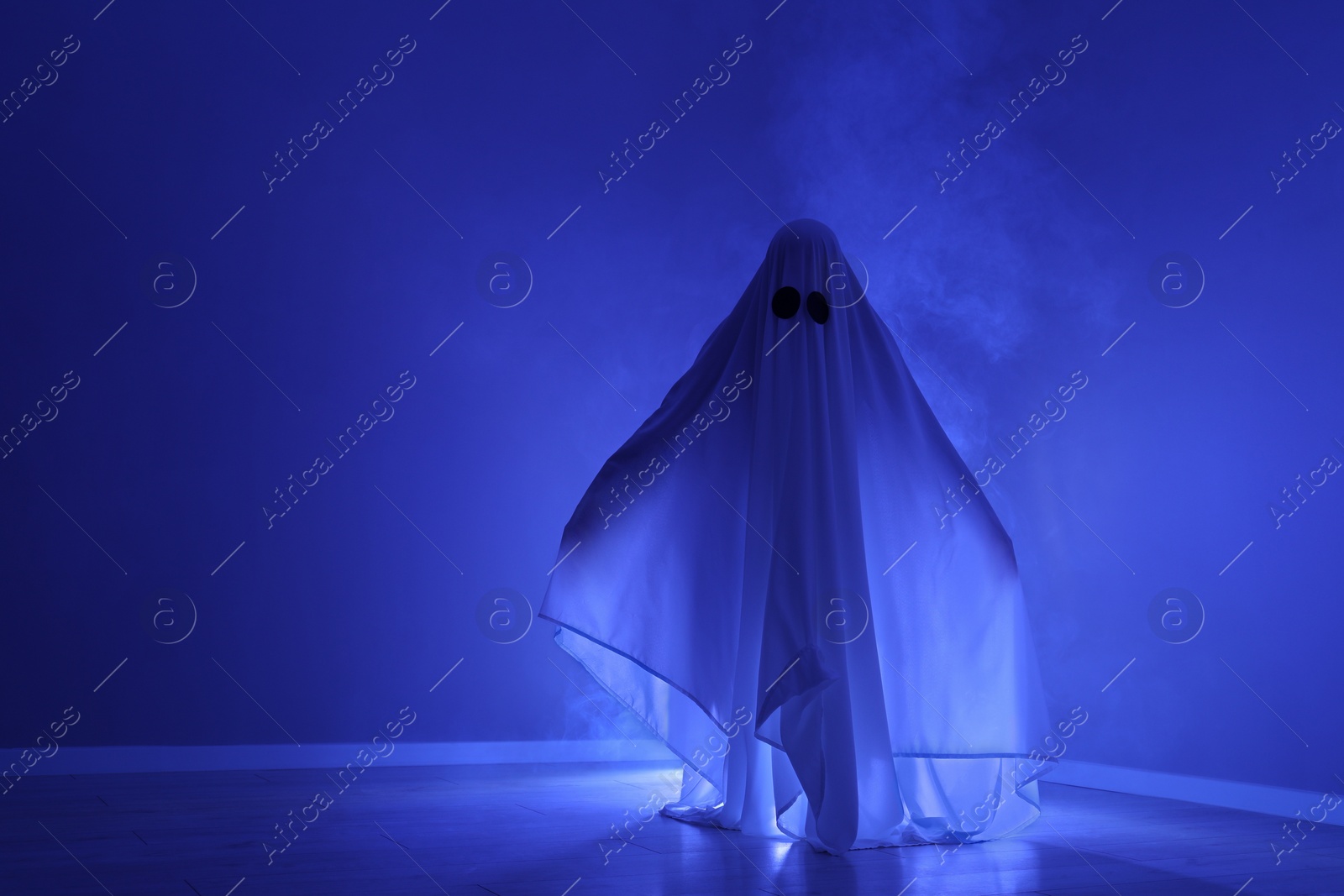 Photo of Creepy ghost. Woman covered with sheet in blue light, space for text