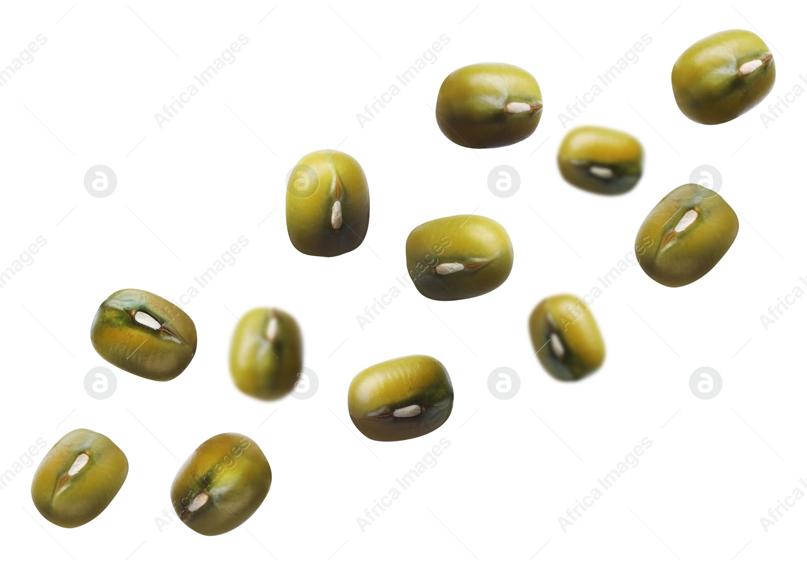 Image of Raw mung beans falling on white background