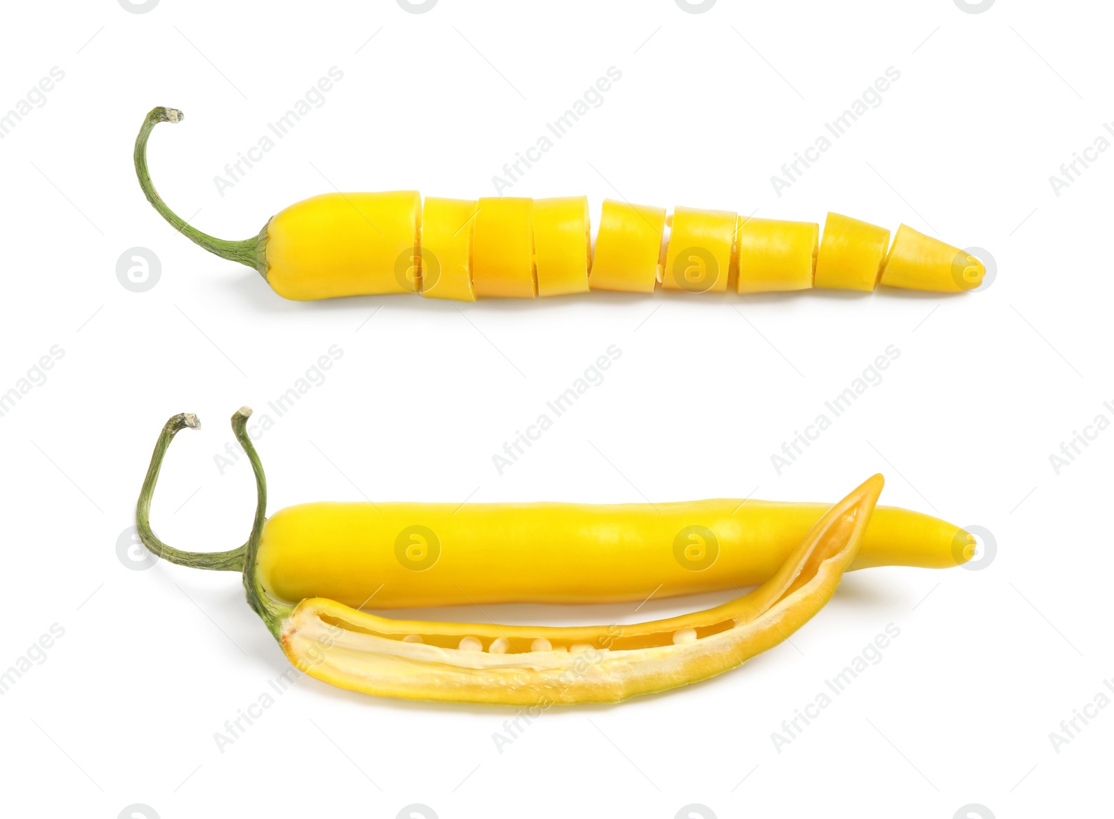 Image of Cut and whole ripe yellow chili peppers on white background, collage