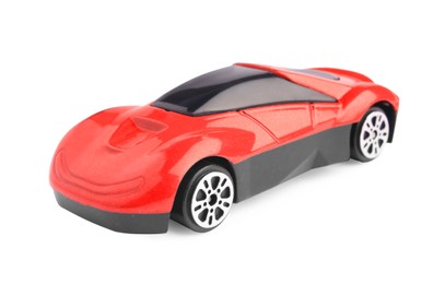 Photo of One red car isolated on white. Children`s toy