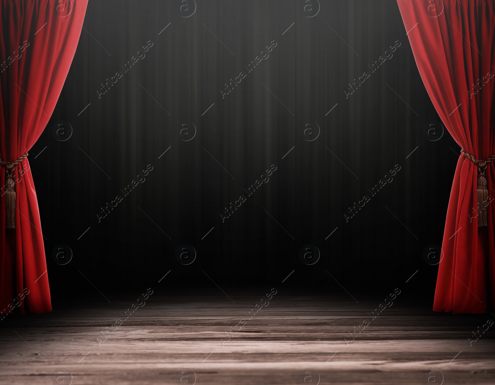 Image of Empty wooden stage and open red curtains