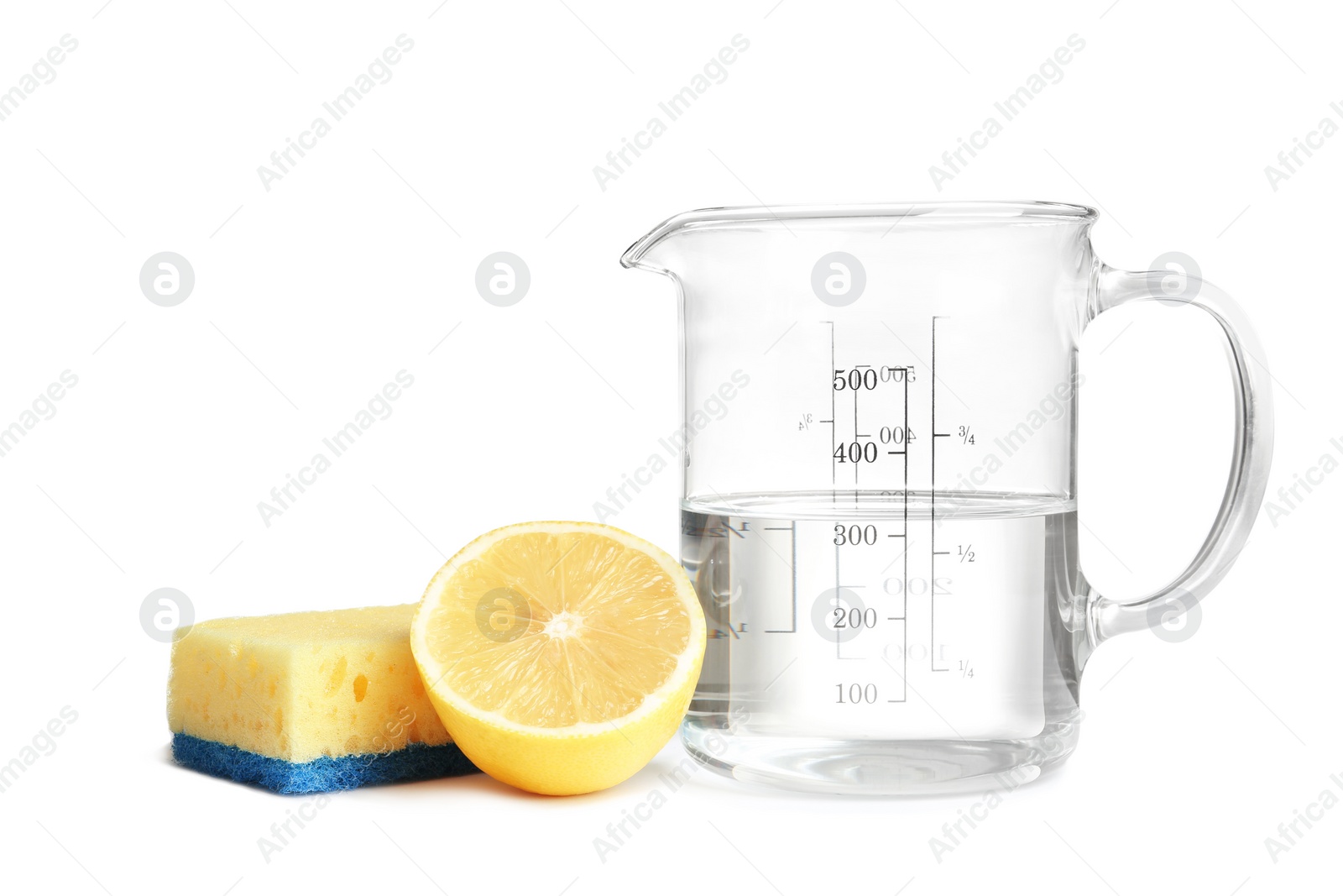 Photo of Composition with vinegar on white background. House cleaning