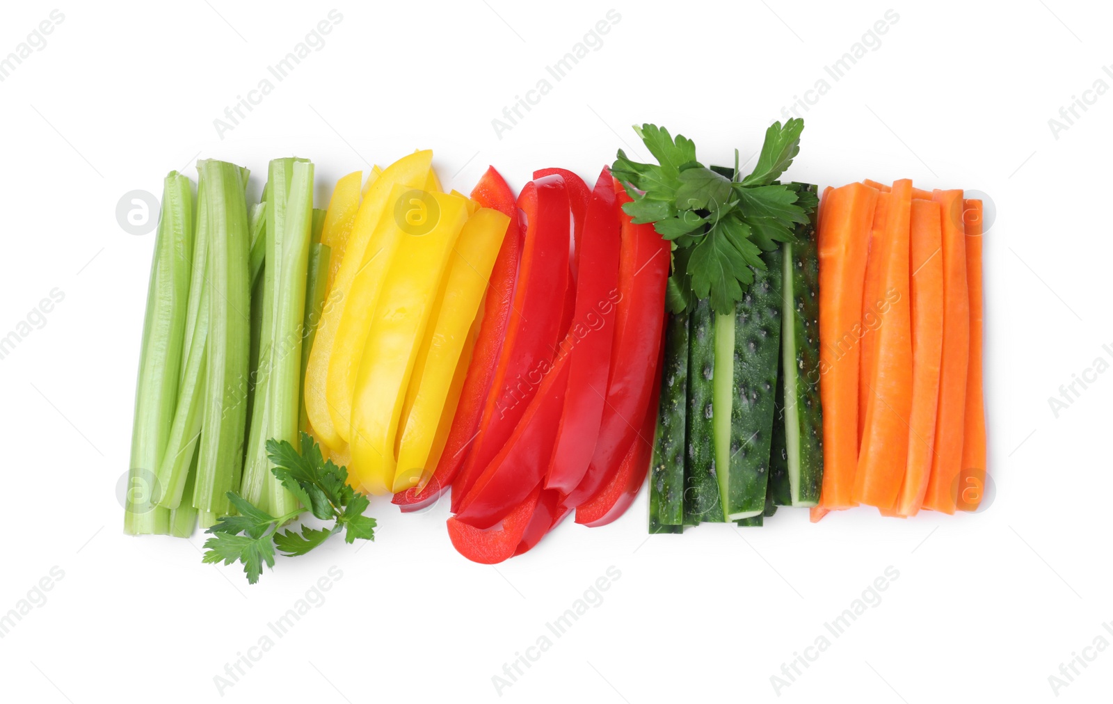 Photo of Different vegetables cut in sticks on white background, top view