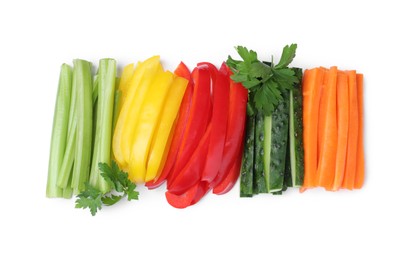 Photo of Different vegetables cut in sticks on white background, top view