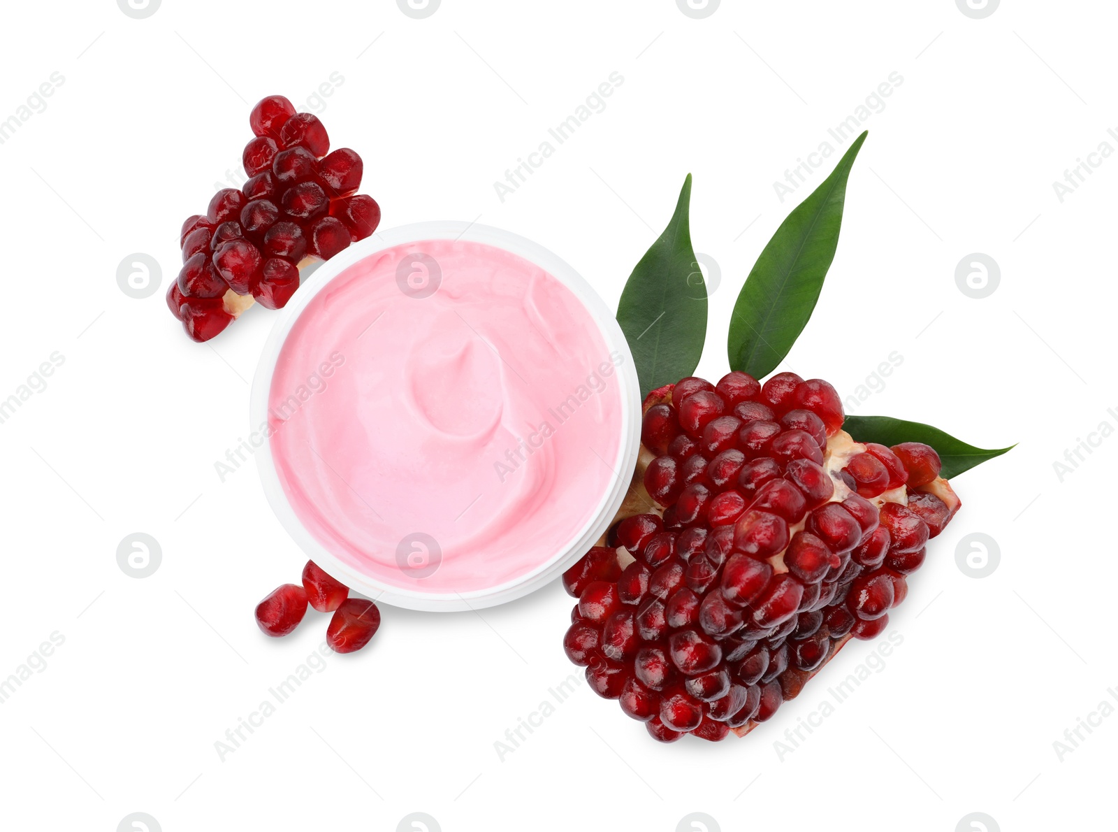 Photo of Fresh pomegranate and jar of facial mask on white background, top view. Natural organic cosmetics