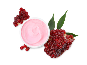 Photo of Fresh pomegranate and jar of facial mask on white background, top view. Natural organic cosmetics