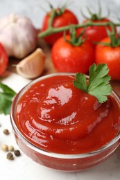 Photo of Delicious tomato ketchup and parsley in bowl on light table, closeup