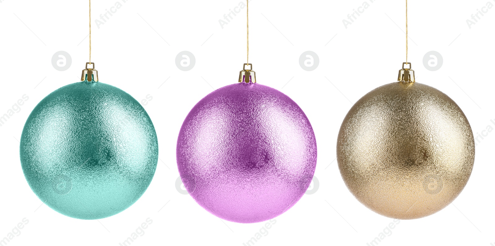 Image of Bright Christmas ball hanging on white background, collection