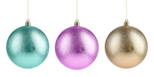 Image of Bright Christmas ball hanging on white background, collection