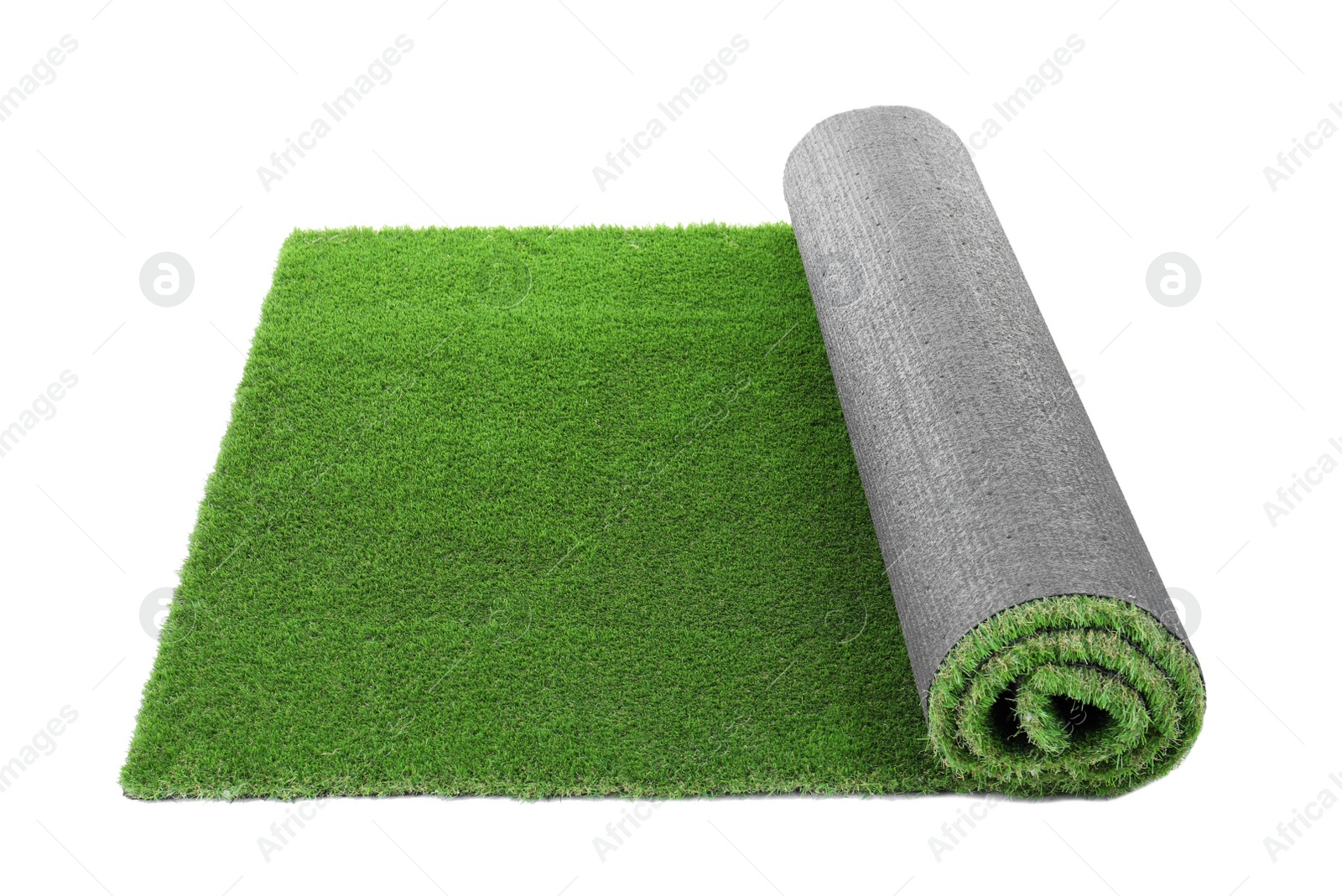 Photo of Rolled artificial grass carpet on white background. Exterior element